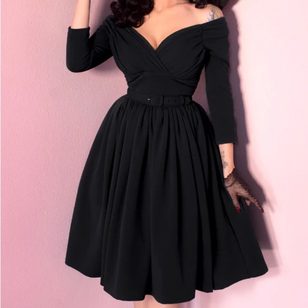 Vixen by Micheline Pitt Starlet Swing Dress in Black | 3/4 Sleeve Mrs. Maisel